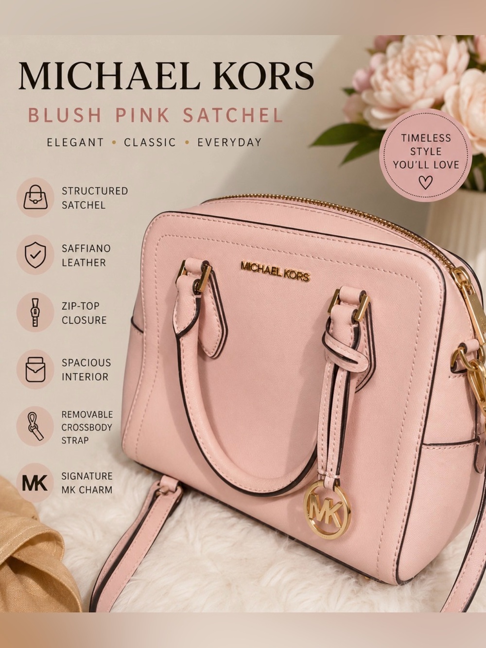 Michael Kors Light‎ Blush Saffiano Leather Satchel with Gold Hardware